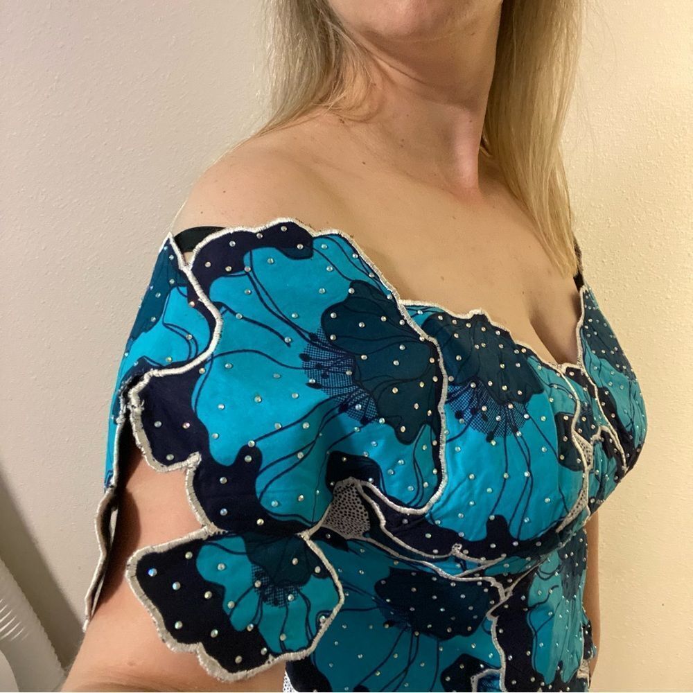 OOAK Custom Blue Floral Rhinestone Rockabilly Pin Up coquette Party Dress 12-14 - Picture 4 of 15